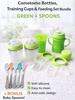 🍼 Comotomo Bottles, Training Cups & Feeding Set Bundle – Green + Spoons